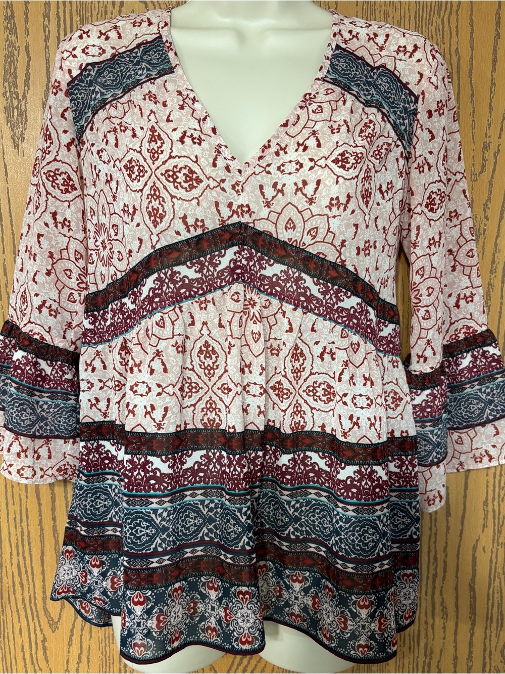 Boho V-Neck Peasant Blouse in Cream and Burgundy